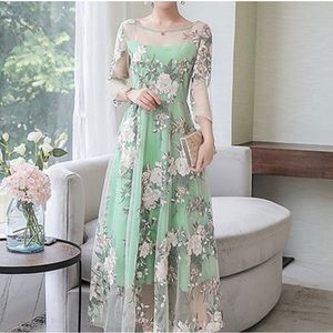 Anthropologie x Vicky and Lucas Floral Embroidery
Sheer-Overlay Midi Dress SZ L